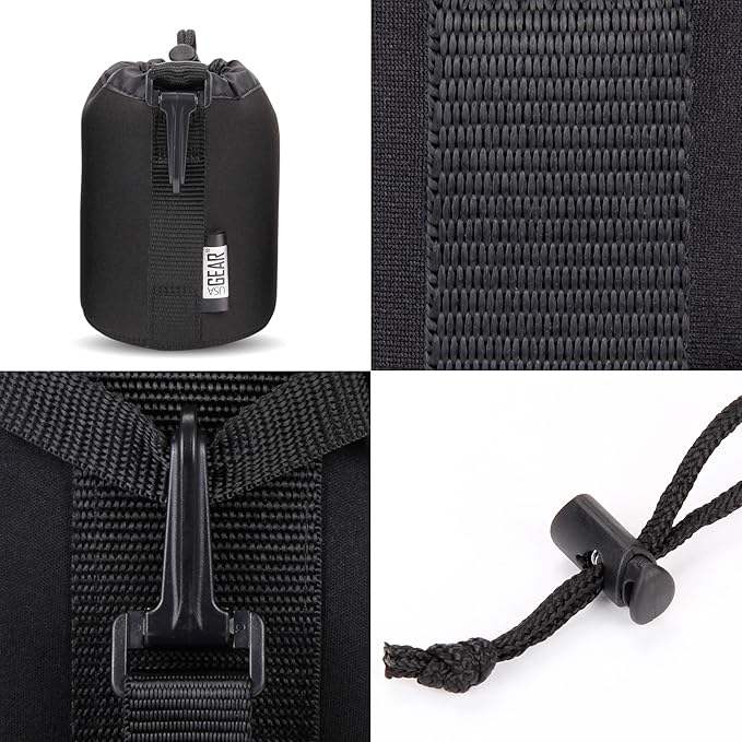USA Gear FlexARMOR Protective Neoprene Lens Case Pouch Set 3-Pack - Small, Medium and Large Cases with Drawstring Opening, Attached Clip, Reinforced Belt Loop (Black)