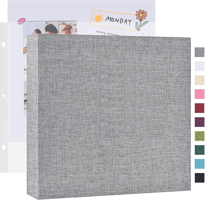 Mublalbum 12x12 Inch Large 3 Ring DIY Scrapbook Photo Album with 20 Plastic Sleeves 40 Pages Linen Cover Folder Binder for Baby Travel Wedding Anniversary and DIY Projects (Grey)