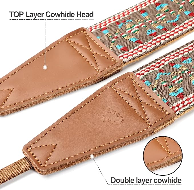 Padwa Lifestyle Matte Gold Camera Strap - 2" Full Grain Leather Ends Camera Straps for Photographers, Vintage Embroidered Cotton Weave Soft Suede Fabric Padded Strap Quick Release fits All Cameras