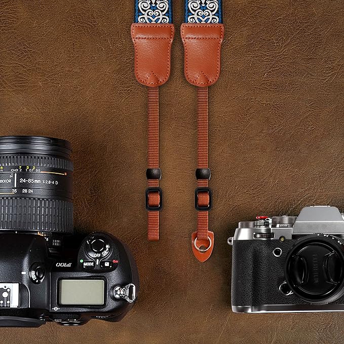 Padwa Lifestyle Blue Floral Camera Strap - 2" Cowhide Head Camera Straps for Photographers,Vintage Jacquard Embroidery Woven Cotton Adjustable Shoulder Neck Straps for Cameras,Binoculars