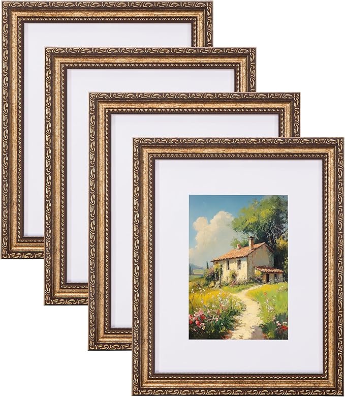 eletecpro 8x10 Picture Frames Set of 4, Gold Frame with Glass Cover, Vintage 8 x 10 Photo Frames Display 5x7 Photo with Mat or 8x10 without Mat for Tabletop or Wall Decor, Bronze Gold