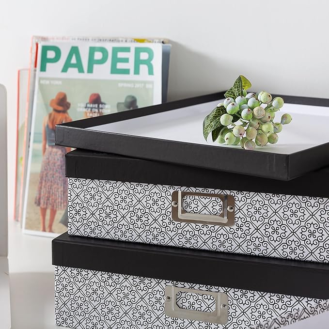 SLPR Black and White Decorative Cardboard Boxes with Lids, Set of 3 Nesting Paperboard Scrapbook Storage, Memory Boxes for Keepsakes, Photos, Letter Papers, Documents