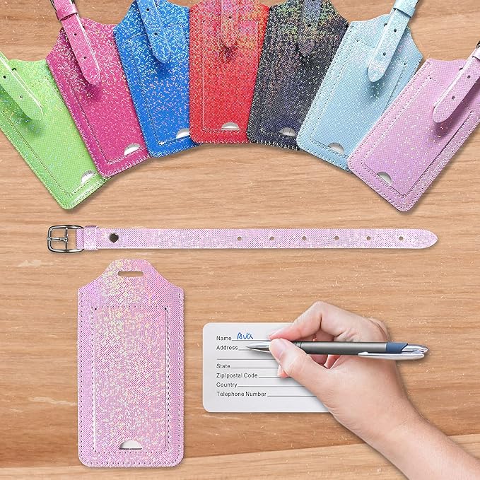 ACdream Luggage Tags 2 Pack, Leather Suitcase Tags Identifiers, Cute Cruise ID Labels with Privacy Cover fits on Backpack, Travel Bag, for Women, Men, Adults, Kids, Light Pink Glitter