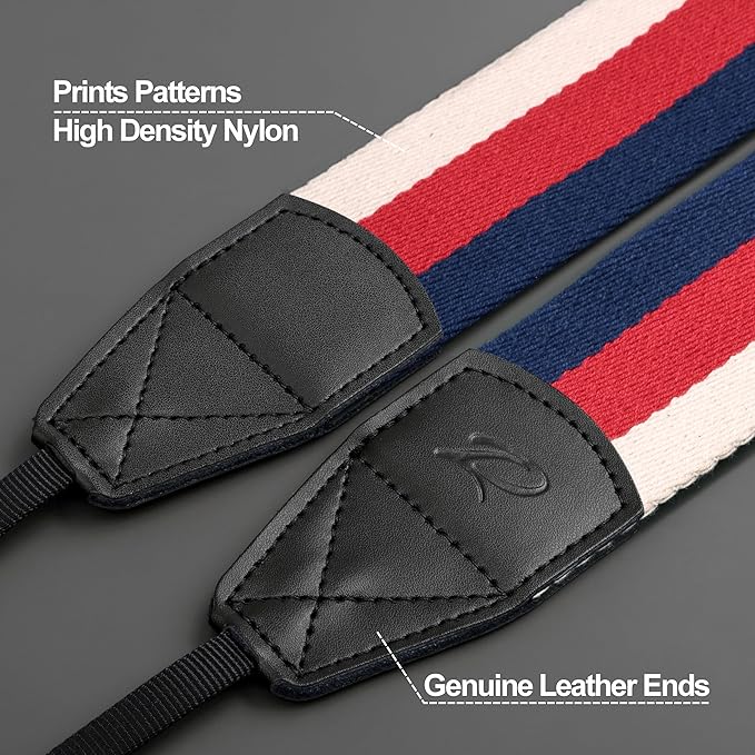 Padwa Lifestyle Stripes Camera Strap - 2" Wide Genuine Leather Ends Camera Straps for Photographers, Vintage Blue, Red, and white Stripes Nylon Strap with Camera Quick Release fits All Cameras