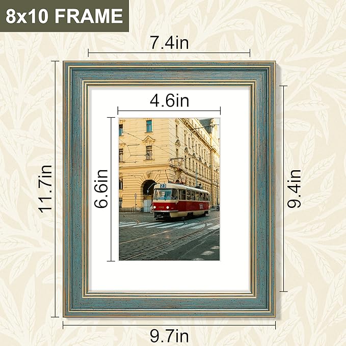 Vittanly 8x10 Picture Frame Set of 4, Vintage Photo Frame for Wall or Tabletop, Display 5x7 Pictures with Mat or 8x10 without Mat, Rustic Farmhouse Home Decor, Blue