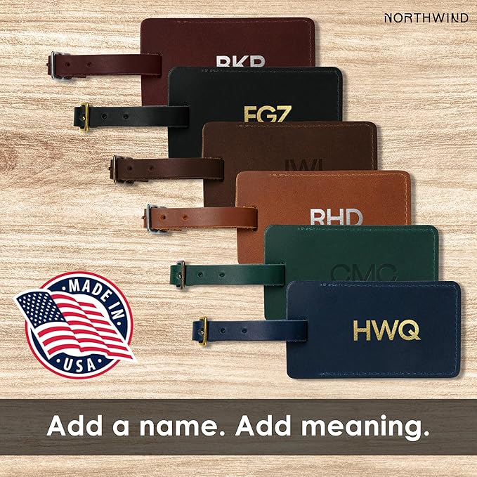 Northwind Personalized Leather Luggage Tag – Made in USA - Custom Monogrammed Travel Bag Tag, Handmade Premium Leather with Secure Strap, Durable Travel Accessory Gift for Men Women Travelers