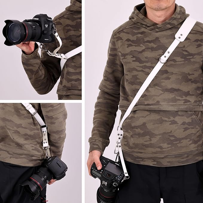Padwa Lifestyle White Single Camera Harness Strap for One Camera - Professional Single Full Grain Leather Camera Harness with Thick Padded,Quick Release Gear DSLR Camera Straps for Photographers