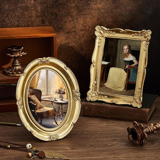 3 Pcs Gold Vintage Picture Frame Set Antique Oval Picture Frames 4x6, 5x7 Inch Baroque Photo Ornate Frames with Glass Gift for Tabletop Hanging Wall Art Wedding Home(Retro Style)