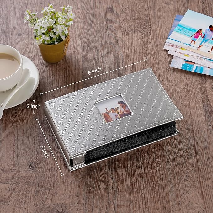 Mublalbum Small Photo Album 4x6 100 Photos Leather Cover Picture Book with Horizontal Pockets for Baby Wedding Anniversary and Family (Gray)