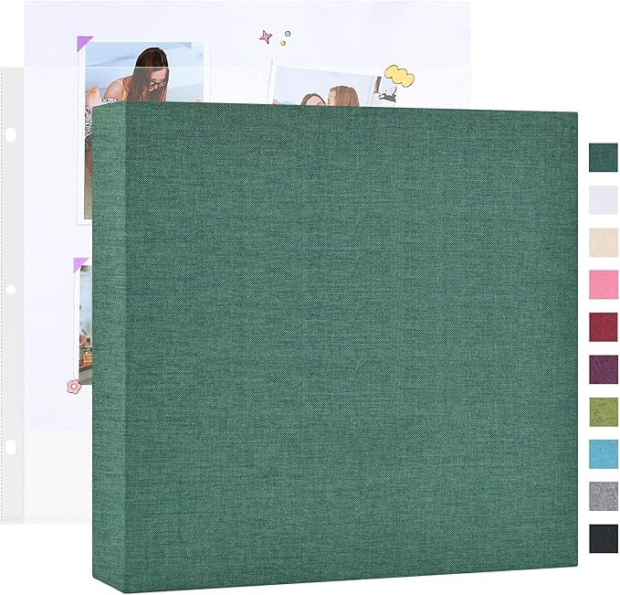 Mublalbum 10x10 Inch Large 3 Ring DIY Scrapbook Photo Album with 20 Plastic Sleeves 40 Pages Linen Cover Folder Binder for Baby Travel Wedding Anniversary and DIY Projects (Dark Green)