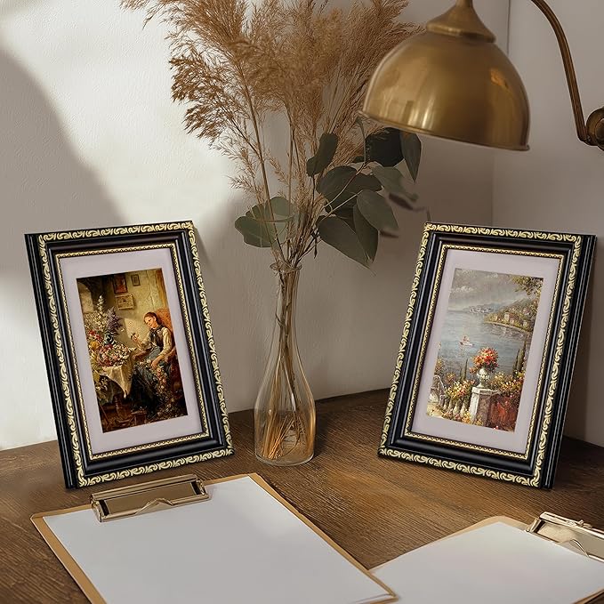 eletecpro 4x6 Picture Frames Set of 4, Gothic Frame with Glass Cover, Ornate Vintage Photo Frames 4 by 6 Display 3.5x5 Photo with Mat or 4x6 without Mat for Tabletop or Wall Decor, Black Gold