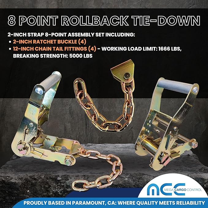 Mega Cargo Control USA 8 Point Tie Down Kit, Blue Rollback Towing Strap Set - Car Hauler Set for Flatbed, Tow Truck, Side Mount