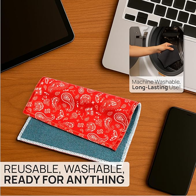 Quick Cloth Microfiber Glasses Cleaning Cloths – 5x7, Paisley Red, 2 Pack with Case | Double-Sided Lens Cleaner for Eyeglasses, Camera, Screens & Glass | Reusable Microfiber Glass Polishing Cloths