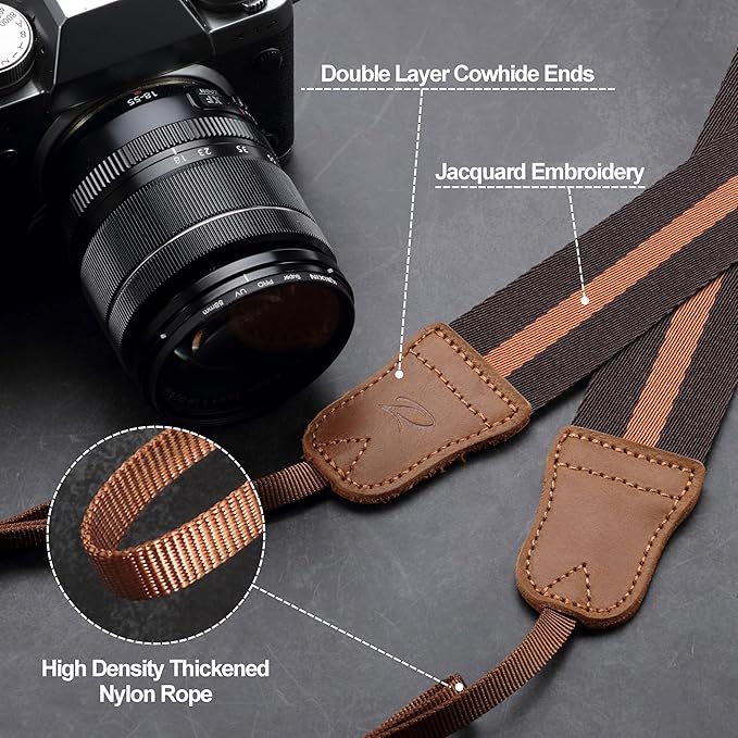 Padwa Lifestyle Brown Yellow Striped Camera Strap - 1.5" Double Crazy Horse Cowhide Head Cotton Camera Straps,Adjustable Neck Shoulder Universal Woven Straps for DSLR Cameras and Photographers Gift