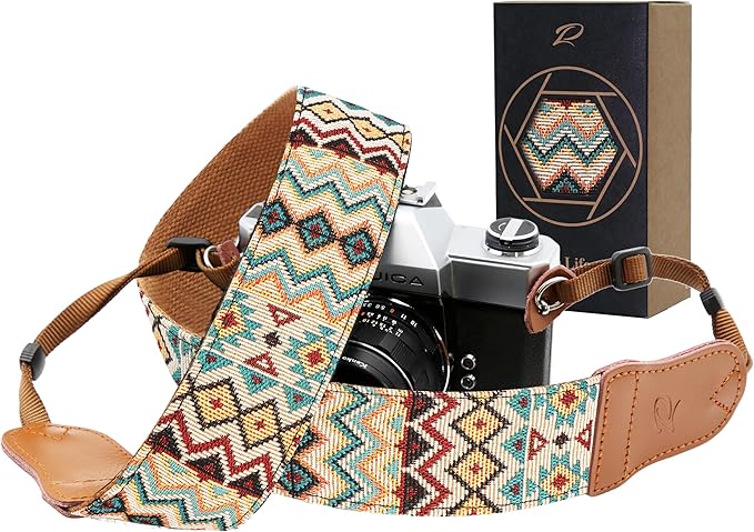 Padwa Lifestyle Cool Ethnic Style Apricot Camera Strap - 2"Cowhide Head Camera Straps for Photographers,Vintage Jacquard Embroidery Woven Cotton Adjustable Shoulder Neck Straps for Cameras,Binoculars