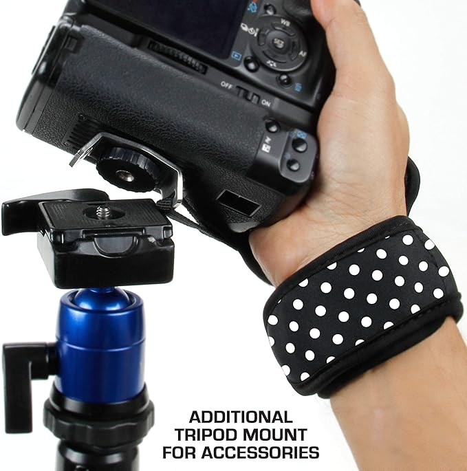 USA Gear DualGRIP Professional Grip Camera Hand Strap with Neoprene Design and Metal Plate - Compatible with Canon, Fujifilm, Nikon, Sony, and more DSLR, Mirrorless, Point & Shoot Cameras (Polka Dot)
