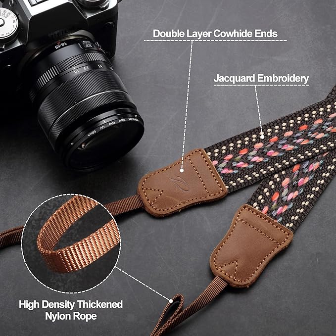 Padwa Lifestyle Speed Gray Camera Strap - 1.5" Soft Cotton Rope Weave Crazy Horse Cowhide Head Camera Straps for Photographers and All Cameras,Cute Adjustable Vintage Woven Strap for Adults & Kids