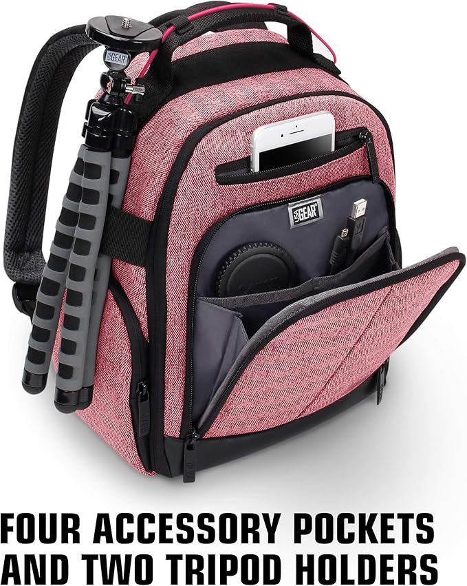 USA Gear Portable Camera Backpack for DSLR with Customizable Accessory Dividers, Weather Resistant Bottom and Comfortable Back Support - Compatible with Canon, Nikon, Sony, Fujifilm, and More (Red)