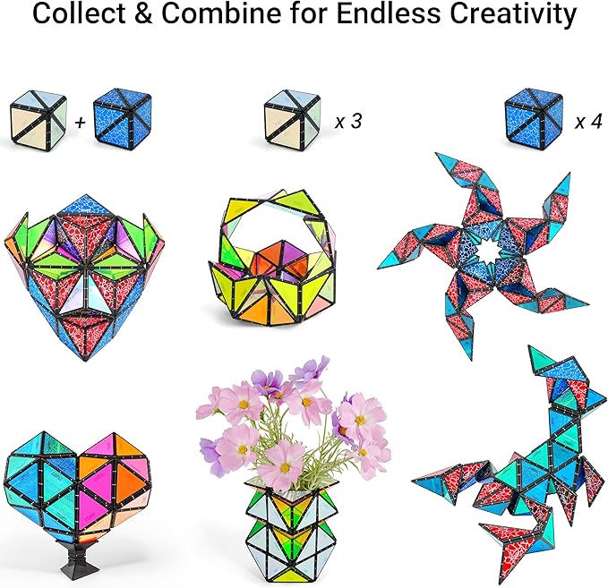 TOSY Magnet Pyramid Glow - 1 Cube Transforms into 1 Billion Shapes (Bunny, Egg Basket, Flowers, Heart), Easter Valentine Gift, 12 pcs, 243 Magnets, Glowing, Holographic Design, Puzzle/STEM Toy, 3-pack