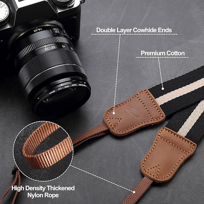 Padwa Lifestyle Black Striped Camera Strap - 1.5" Double Crazy Horse Cowhide Head Cotton Camera Straps,Adjustable Neck Shoulder Universal Woven Straps for All DSLR Cameras and Photographers Gift