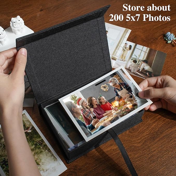 Hiwhy Photo Storage Box 5x7, Linen Photo Box, Memory Box Perfect to Store Your Photo, Pictures, Certificates, Scrapbooking Supplies, Keepsakes and Jewelry Black
