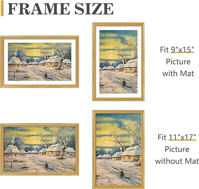 VIOLABBEY 11x17 Gold Picture Frame, Display 9x15 Photo with Mat or 11x17 without Mat, Ornate Vintage 11 x 17 Gold Frame for Wall Decor or Tabletop Display