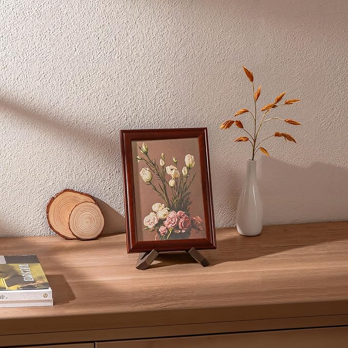 Plate Stand for Display - 3 Pack 4.5 Inch Holder, Wooden Picture Frame Easel, Decorative Table Top Brown