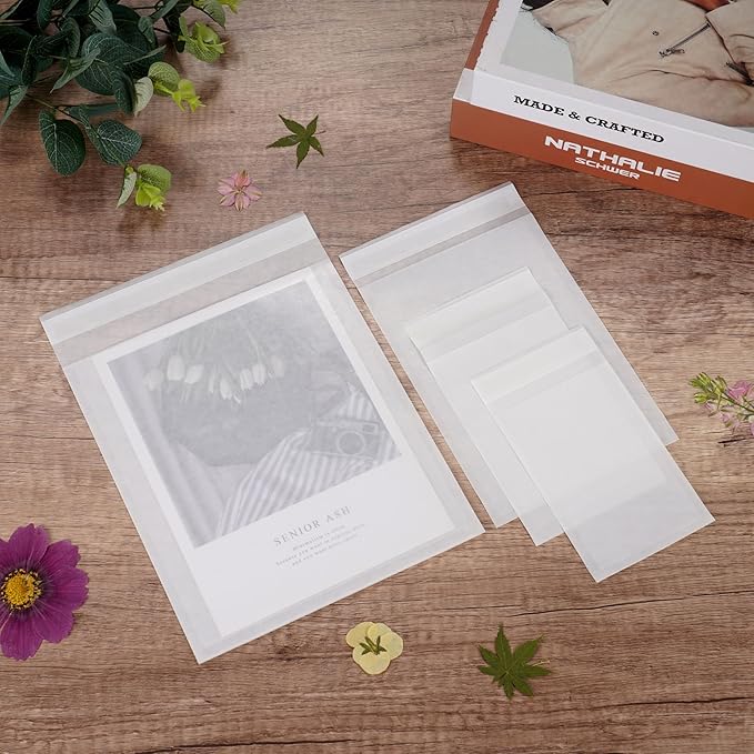 Quotidian White Flat Self-Seal Medium Glassine Paper Cello Bags 4" x 6" (10.5 x 15.5cm) Pack of 100 - Wedding Birthday Party Wrapping Decorative