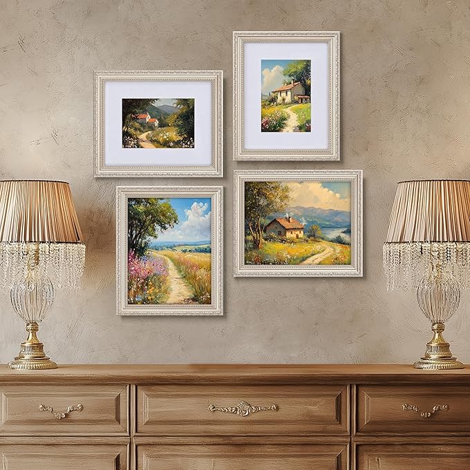 eletecpro 8x10 Picture Frames Set of 4, Vintage Frame with Glass Cover, Photo Frames 8 x 10 Display 5x7 Photo with Mat or 8x10 without Mat for Tabletop or Wall Decor, Silver Beige