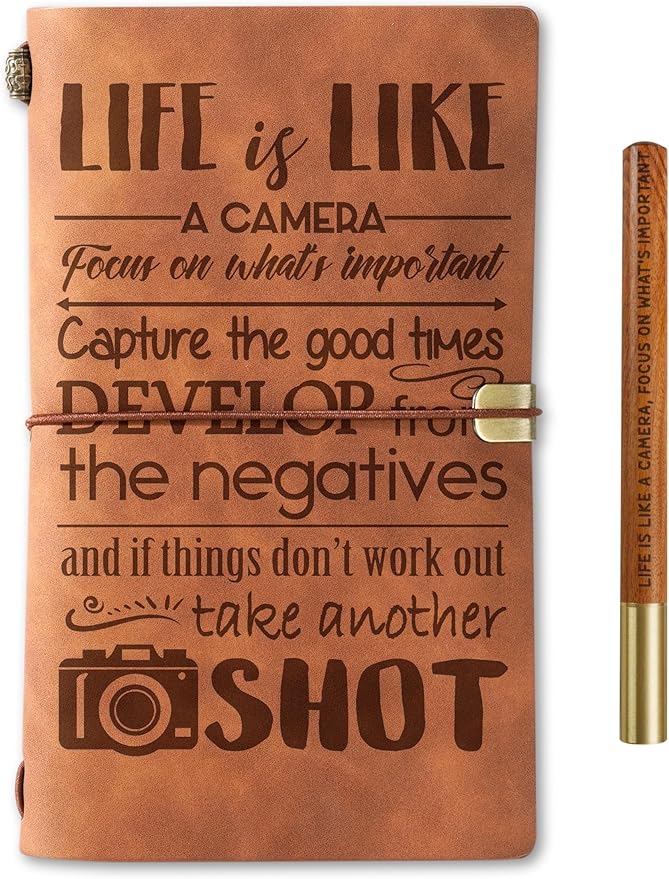 InnoBeta Photographer Gifts Journal for Women, Men, Photography Gifts for Photographers, Faux Leather Embossed Refillable Notebook, 7x5 Inches - Camera - With Pen