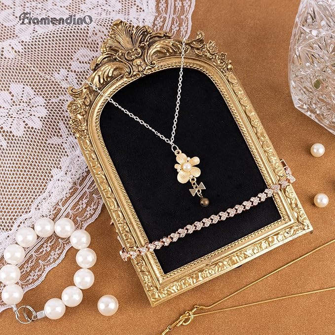 Framendino, Gold Resin Jewelry Display Stand Frame Organizer Vintage Velvet Storage Box for Necklace Earring Photography Props Women Gifts