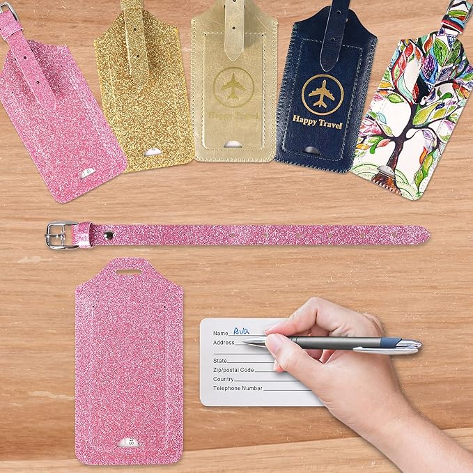 ACdream Luggage Tags 2 Pack, Leather Suitcase Tags Identifiers, Cute Cruise ID Labels with Privacy Cover fits on Backpack, Travel Bag, for Women, Men, Adults, Kids, Glitter Pink