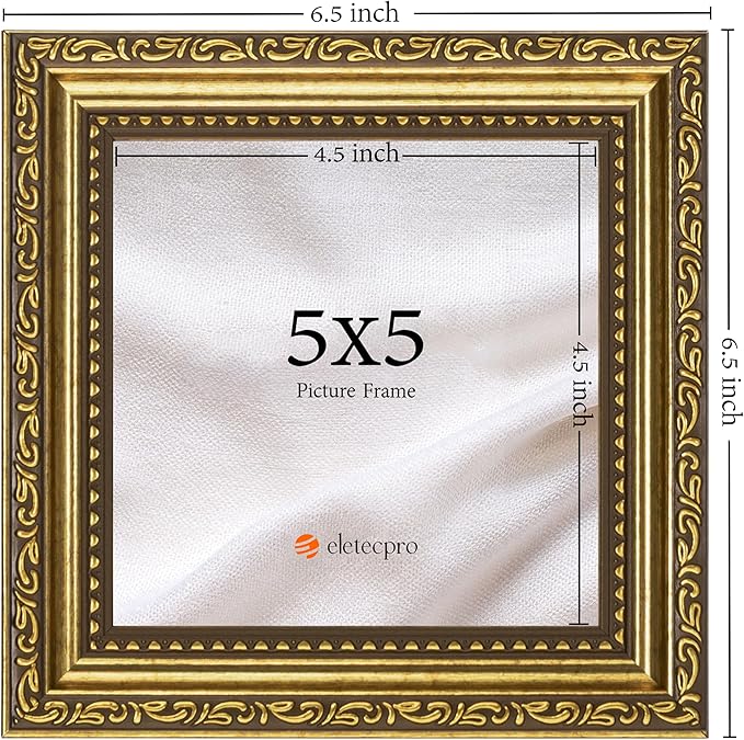 eletecpro 5x5 Picture Frames Set of 4, Ornate Frame with Glass Cover, 5 by 5 Vintage Gold Photo Frames Display 5x5 Photo for Tabletop or Wall Decor, Gold