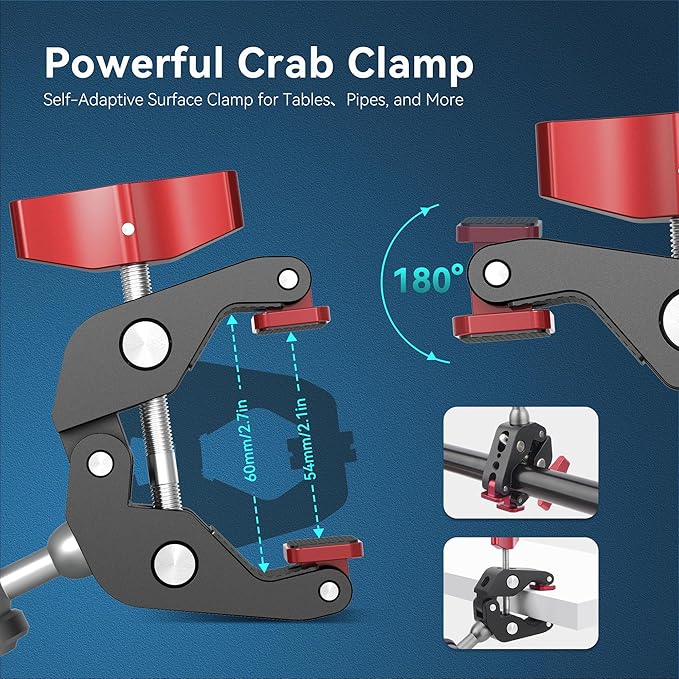 Camera Clamp Mount & 360°Ball Head Magic Arm with Adapter for Go pro, Aluminum Double Ball Head Adapters, Heavy Duty Super Clamp with 1/4"-20 & 3/8"-16 Thread (with 1/4" Conversion Adapter)-SJ009