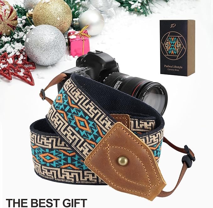 Padwa Lifestyle 2" Wide Classic Crazy Horse Art Cowhide Head Camera Strap - Jacquard Embroidery Floral Vintage Camera Straps for Photographers Gift, Adjustable Shoulder Neck Strap Fits DSLR Cameras