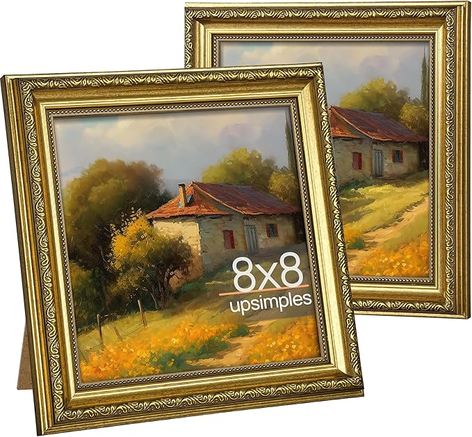 upsimples 8x8 Picture Frame with Real Glass, Ornate Vintage 8 x 8 Photo Frames for Wall Decor or Tabletop Display, Gold, 2 Pack