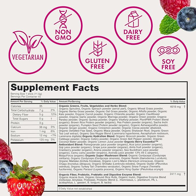 Zena Nutrition Organic Super Greens Powder, 70+ Superfoods, 0 Sugar, 5G Fiber, Spirulina, Chlorella, Antioxidants, Prebiotics/Probiotics, Digestive Enzymes, Mixed Berry, 45 Drink Mix Packets