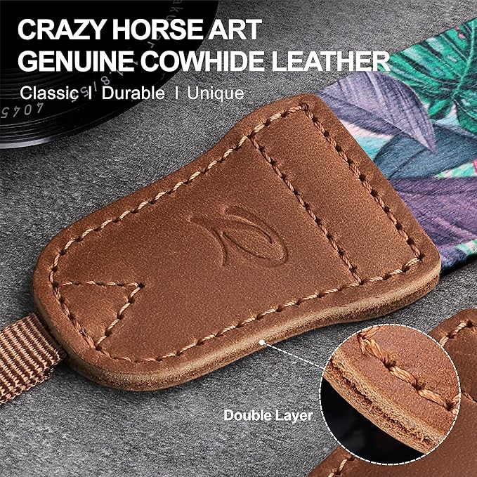 Padwa Lifestyle Camera Strap - 1.5" Soft Nylon Print Crazy Horse Cowhide Head Camera Straps for Photographers and All Cameras,Cute Adjustable Vintage Woven Strap for Adults & Kids(Green Leaf)