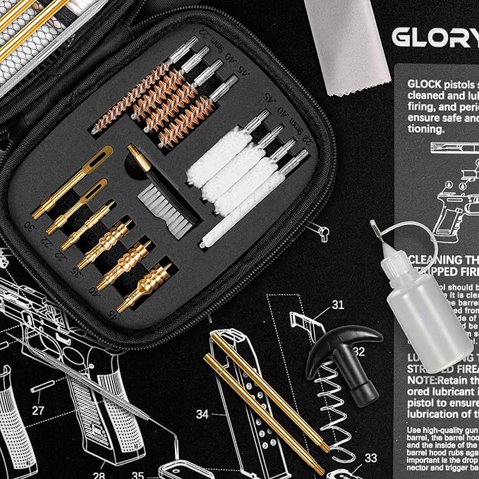 GLORYFIRE Gun Cleaning Kit Fits .22 .357/9mm .38 .40 .45 Cal Universal Handguns & Pistols Compact Carrying Case for Portability Multiple Styles with Brass or Plastic Jags & Tips for Shooting and Range