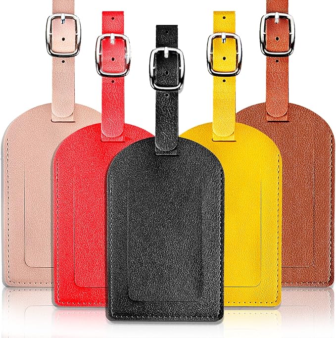 5 Pack Luggage Tags，PU Leather Luggage Bag Tags，Leather Luggage Bag Case Tags for Women Men Travel，Premium Travel Bag Baggage Tags Suitcase Identify Labels with Privacy Cover