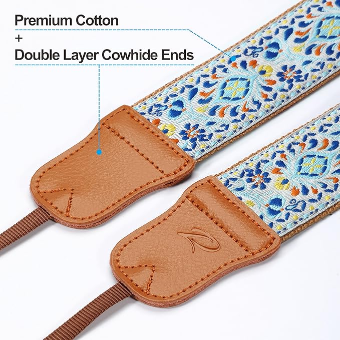 Padwa Lifestyle Blue Vintage Embroidered Camera Strap - 2" Pure Cotton Cowhide Ends Camera Straps for All DSLR/SLR Cameras, Adjustable Universal Strap,Great Gift for Men & Women Photographers