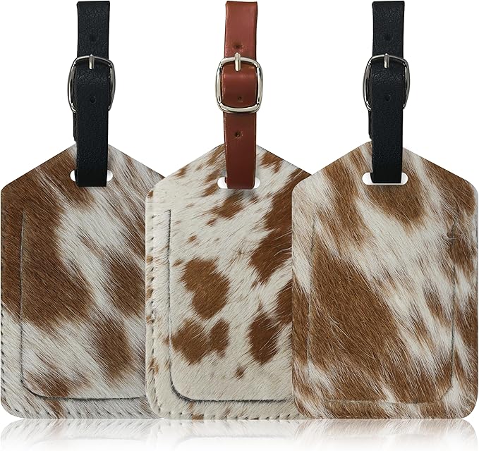 Mulch Leather Genuine Cow Leather Luggage Tag (Pack of 3) for Baggage ID Tags Travel Bag Tags for Suitcases Privacy Cover ID Label (Hair ON)