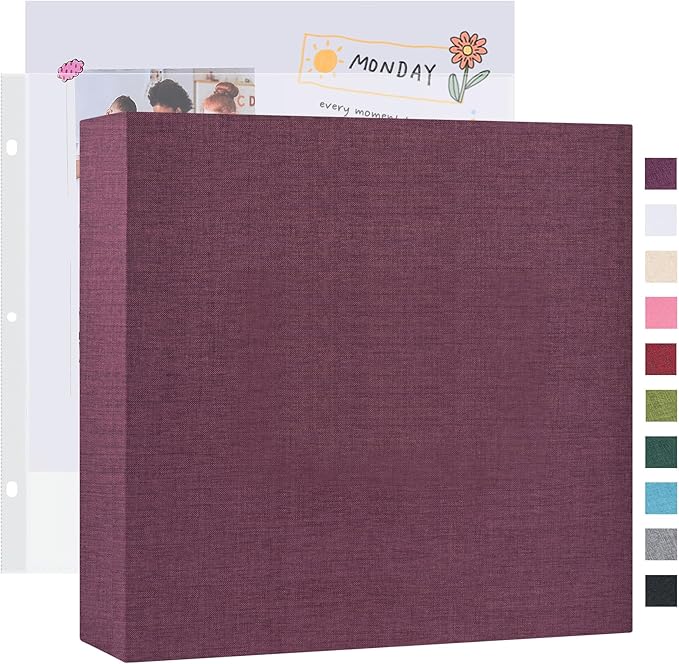 Mublalbum 12x12 Inch Large 3 Ring DIY Scrapbook Photo Album with 40 Plastic Sleeves 80 Pages Linen Cover Folder Binder for Baby Travel Wedding Couple Anniversary and DIY Projects (Purple)