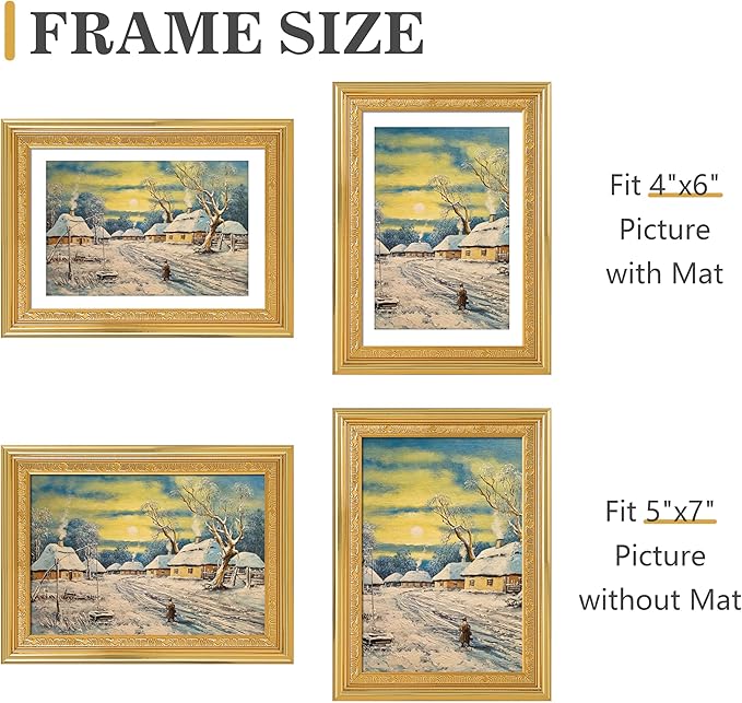 VIOLABBEY 5x7 Gold Picture Frame, Display 4x6 Photo with Mat or 5x7 without Mat, Ornate Vintage 5 x 7 Gold Frame for Wall Decor or Tabletop Display