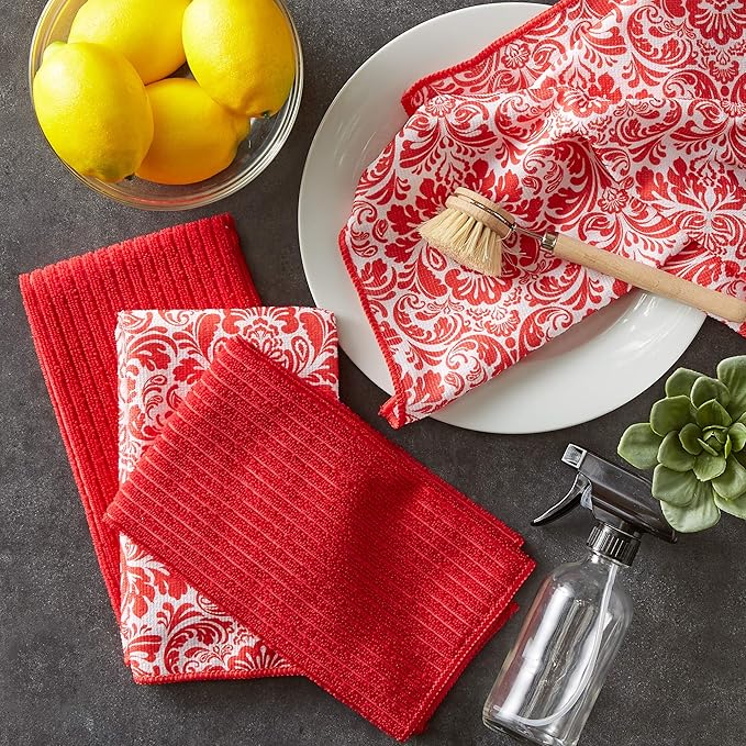 DII Cleaning Collection Multi-Purpose Microfiber, Red Damask, Dishtowel Set