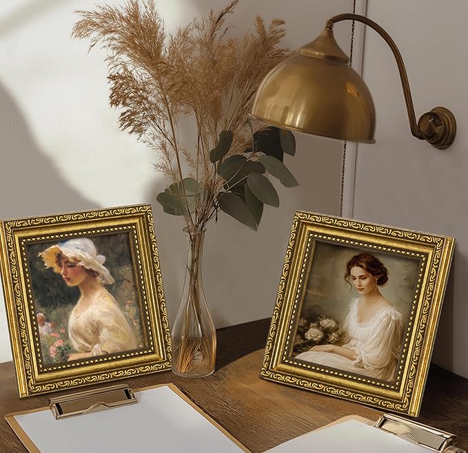 eletecpro 5x5 Picture Frames Set of 4, Ornate Frame with Glass Cover, 5 by 5 Vintage Gold Photo Frames Display 5x5 Photo for Tabletop or Wall Decor, Gold