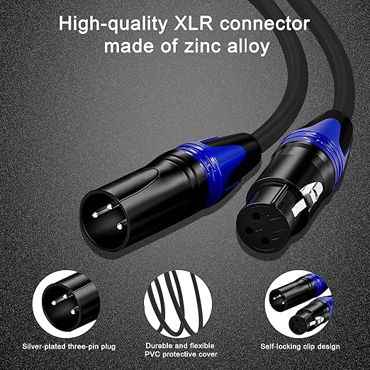 XLR Cable 50FT, 4Pack, Black - Premium Balanced Microphone Cable 3-Pin XLR Male to Female Mic Speaker Cable, Pure Copper and Plated Conductors