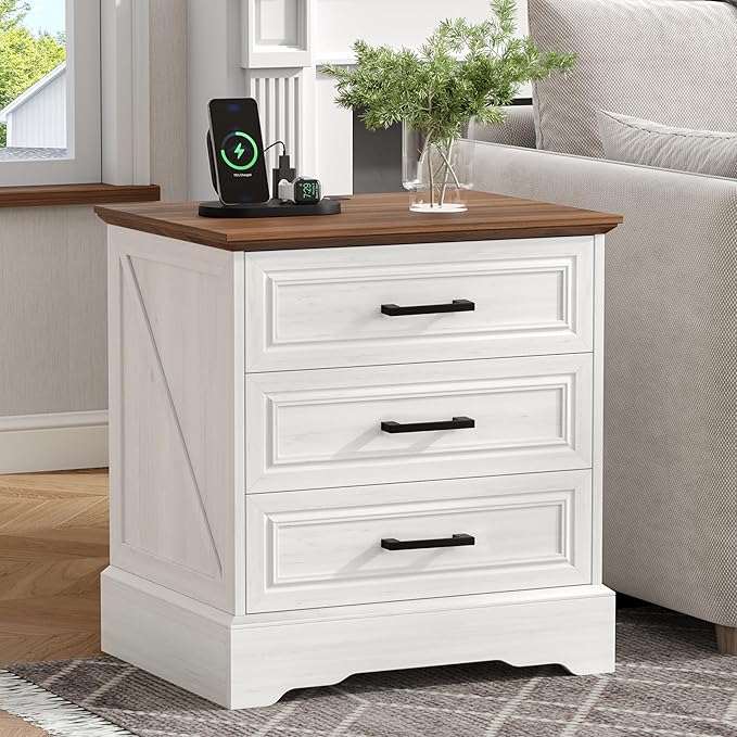 Farmhouse Nightstand with Charging Station, 22" Wide Bedside Table with 3 Large Drawers & Bar Handles, Side End Table with Stable Support Base, for Bedroom, Off White