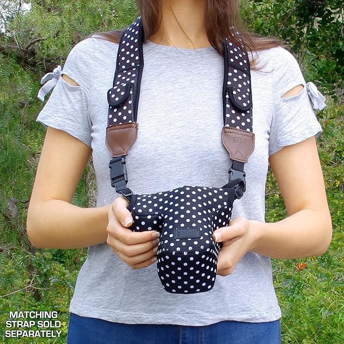 USA Gear Camera Sleeve (Medium) for Compact SLRs Compatible with Canon EOS R100 Nikon Z30 Sony ZV-E10, and more - Padded Neoprene DSLR Case with Zipper Accessory Pocket & Belt Loop (Polka Dot)