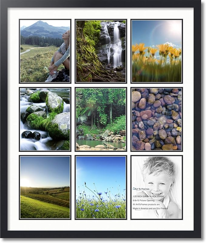 ArtToFrames Collage Photo Frame Double Mat with 9-8x10 Openings with Satin Black Frame and Fabric White mat.